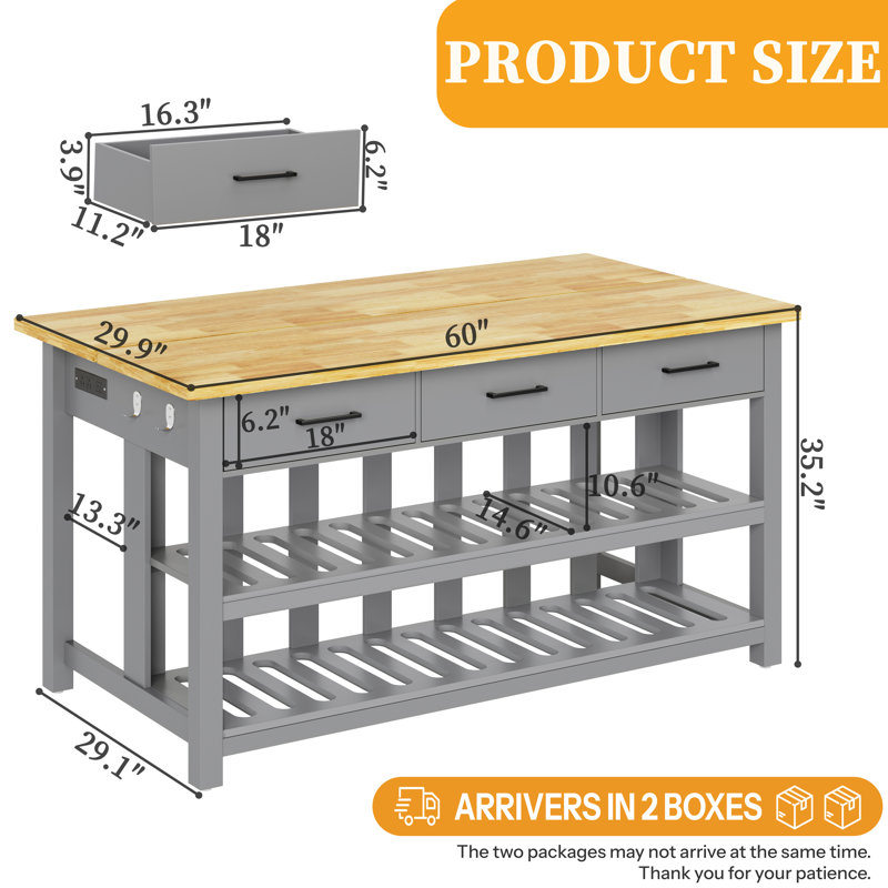 60" Solid Thick Wood Top Kitchen Island with Power Outlets , 3 Deep Drawers & 2 Open Shelves Storage Cabinet, Gray