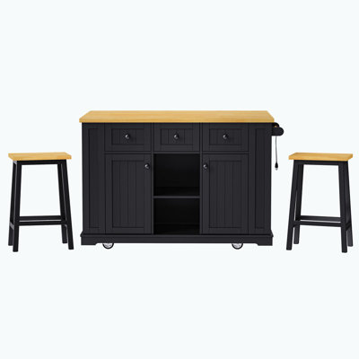 53inch Large Kitchen Island with 2 Bar Stools, Power Outlet