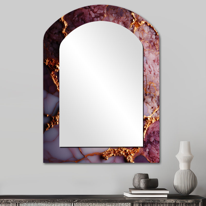 Rose et or agate de marbre rivière III - miroir mural asymétrique abstrait, miroir décoratif arqué doré, impression sur métal