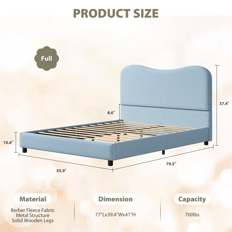 Low Profile Sturdy Platform Bed, With Velvet Upholstered Headboard, Strong Wooden Slats, Blue, Full