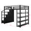 Lit mezzanine double en métal avec tablettes de rangement, armoires et garde-robe, lit mezzanine peu encombrant avec garde-corps et escalier