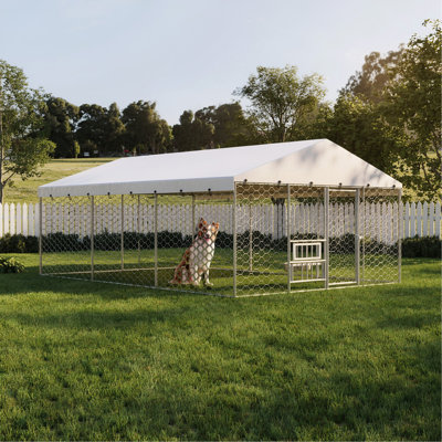 15x10 FT Large Outdoor Dog Kennel with Canopy, Heavy Duty Galvanized Steel Frame, Waterproof Cover, Built-in Elevated Feeding Bowls, Escape-Proof Lockable Pet Playpen for Large Dogs & Multiple Animal