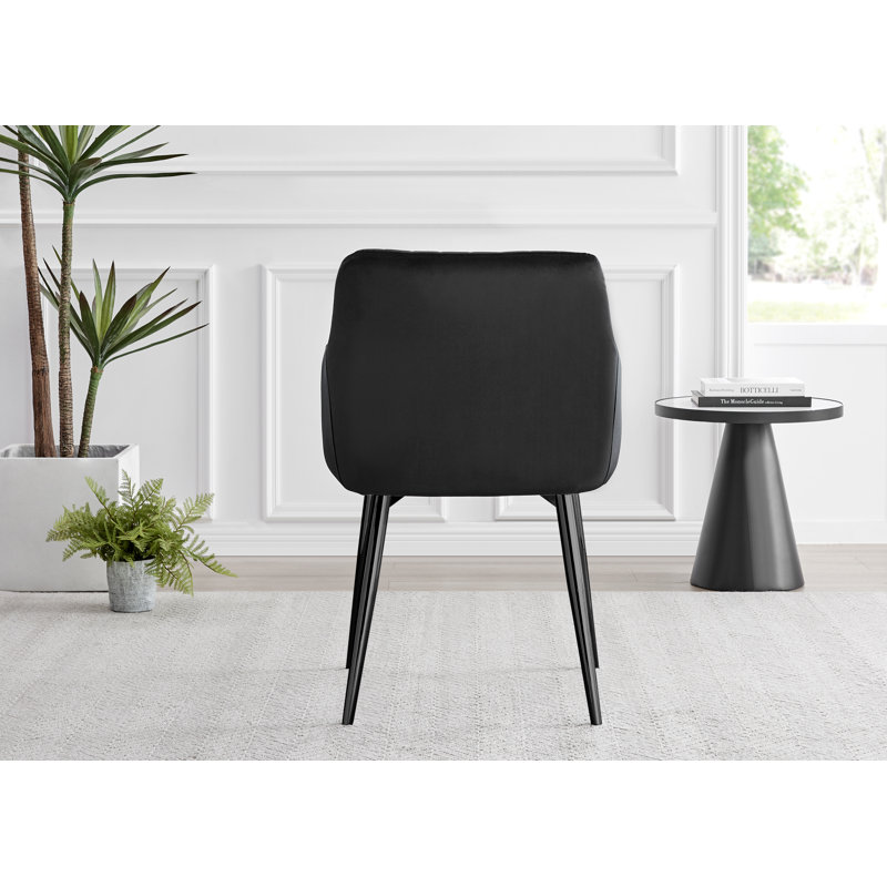 Bernell Modern Chrome Metal & Glass Round Dining Table Set with 6 Luxury Button Velvet Chairs, Black