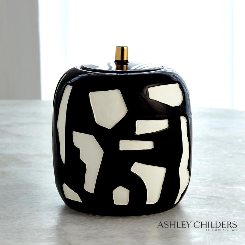 Abstract Jar-White/Black-Lg, 7.25" H x 6.25" W X 6.25" D, Black