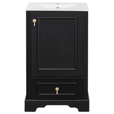 Meuble-lavabo de 20 po avec lavabo en céramique, porte à fermeture en douceur, tablette ajustable en forme de U, tiroir de compartiment et support de porte, style moderne, conception peu encombrante