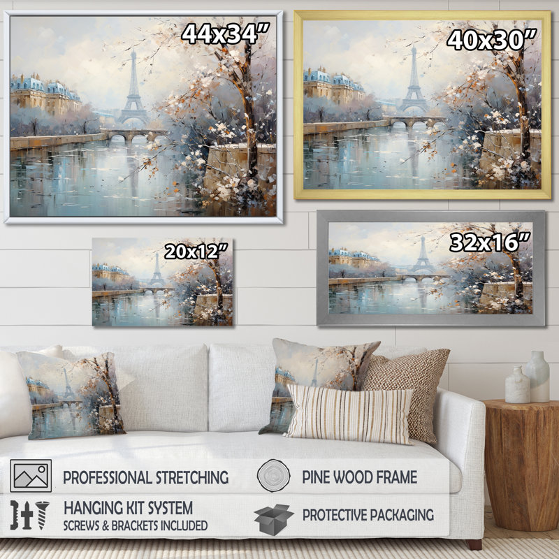 Hiver Paris, Tour Eiffel, charme de ville I - Paris, art mural, Cadre doré à coins fermés, H 16 po x l 32 po x P 1 po