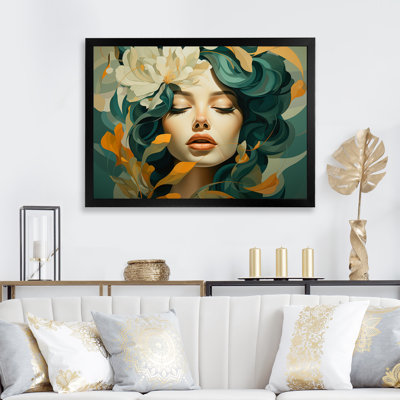 Femme verte et blanche avec une fleur sur le visage IV - Art mural floral femme