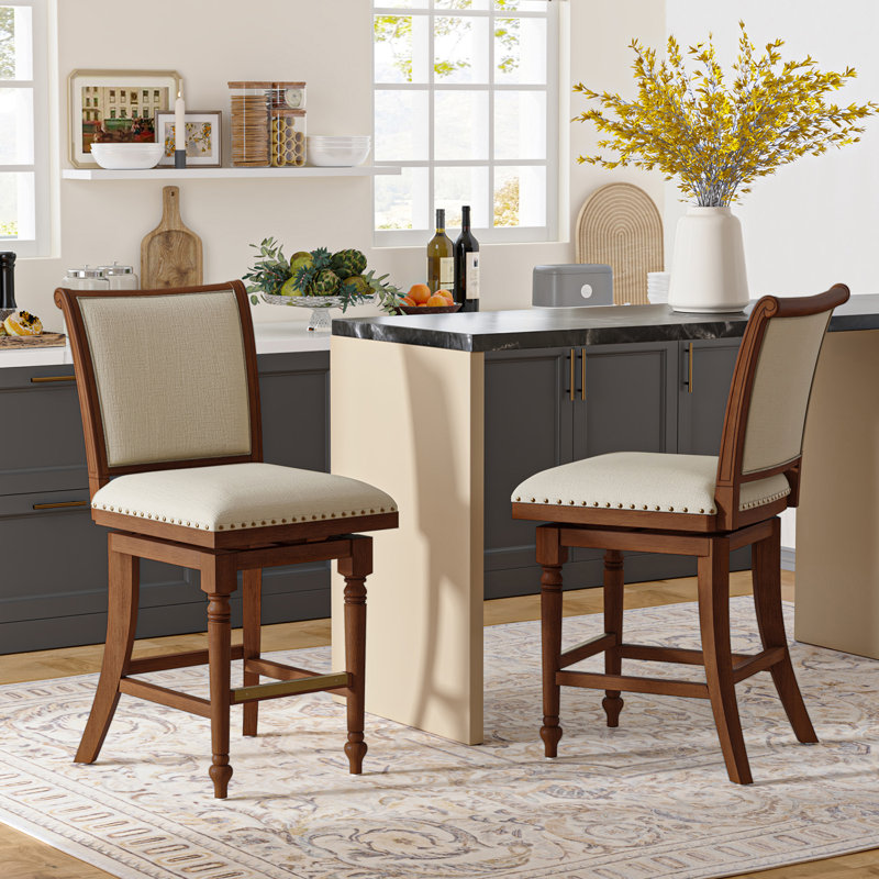 Ensemble de 2 tabourets de bar pivotants Blerona Farmhouse, Noyer
