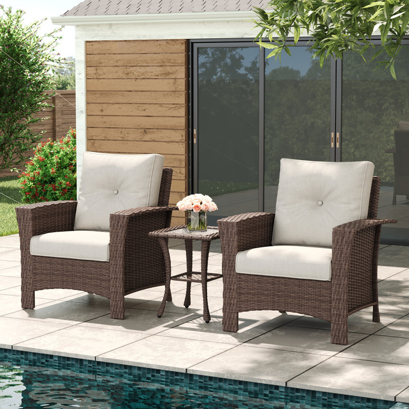 3 Piece Wicker Patio Furniture Set, Classis Outdoor Conversation Armrest Chairs Set With Coffee Table, Beige, Brown