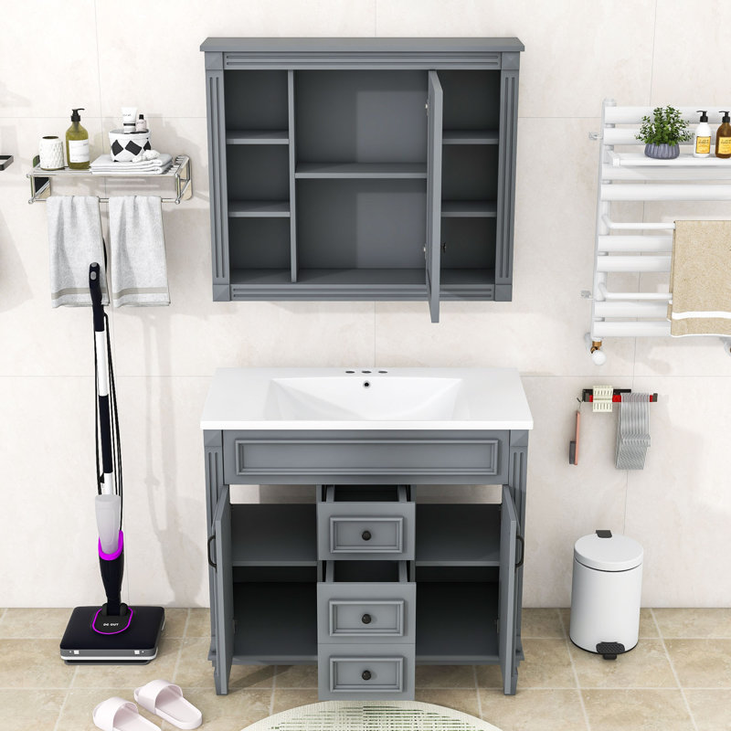 Ensemble de meuble-lavabo simple en bois avec armoire à miroir Effy, Gris