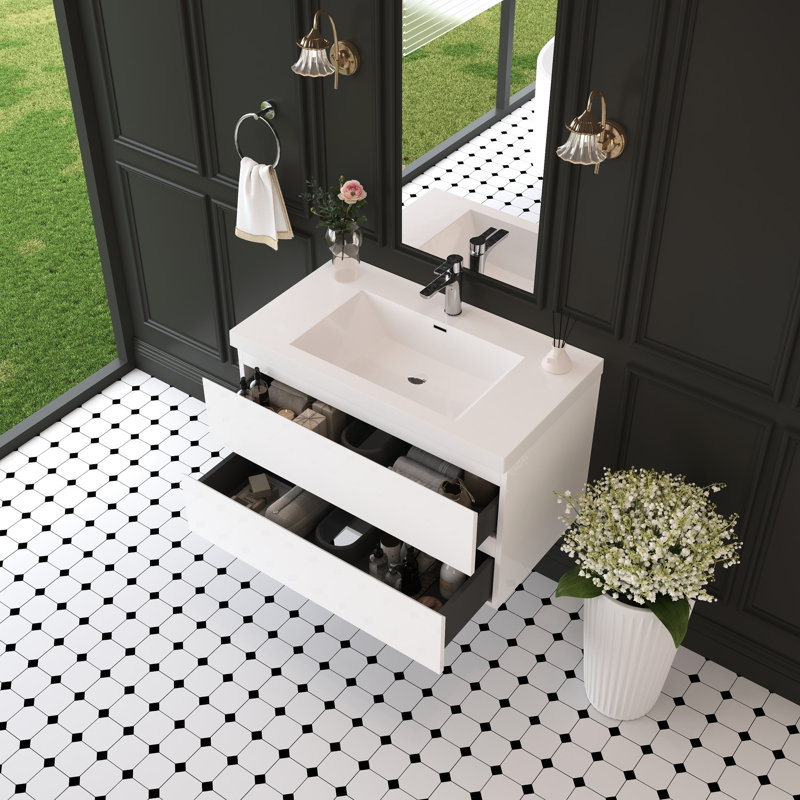 Meuble-lavabo flottant 36 po, comptoir à surface solide, tiroirs à fermeture en douceur, entièrement assemblé, blanc brillant pour style 36 po avec lavabo, blanc, comptoir en résine durable