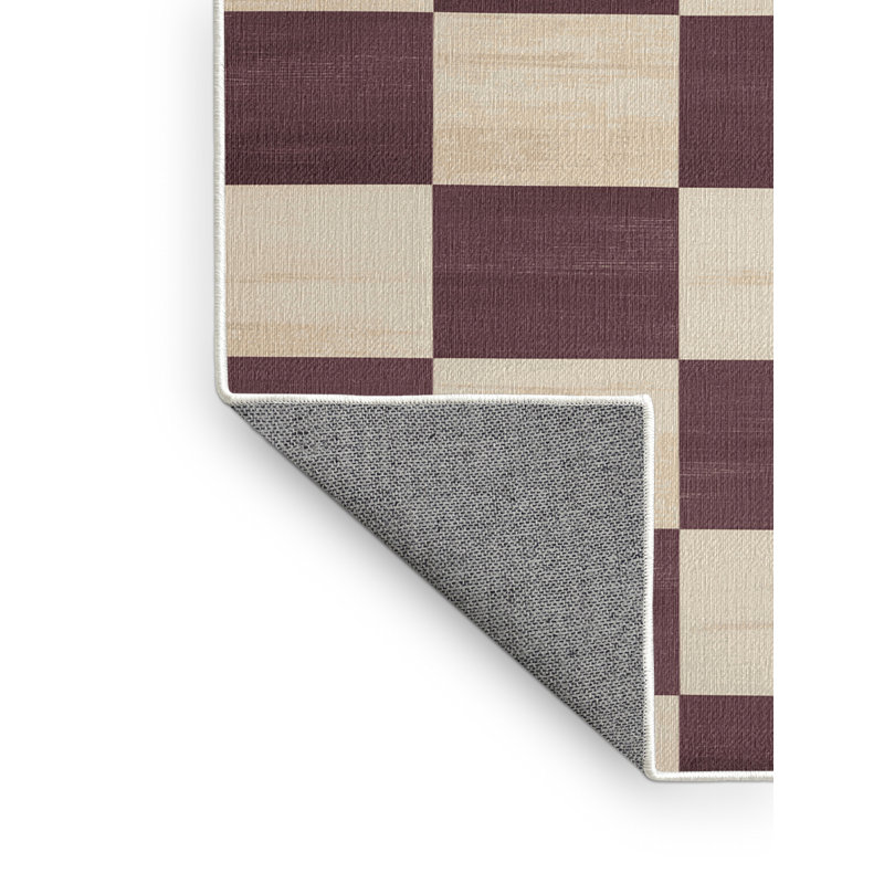 Tapis beige à carreaux lavable à la machine, Rond 3 pi