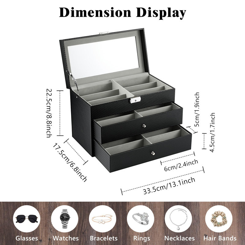 Sunglasses Organizer With 18 Slots, 3-Layer Leather Sunglass Display Collection Holder Case With Drawer Clear Glass Lid, Lockable Eyeglass Glass Storage Box , Black