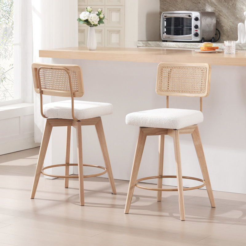 Uniondale Swivel Upholstered 26.2'' Counter Stool with Rattan Cane Back and Solid Wood Frame