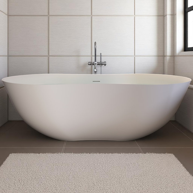 Baignoire de trempage autoportante en résine de pierre solide 67 po x 31,5 po avec trop-plein et bonde escamotable blanc mat