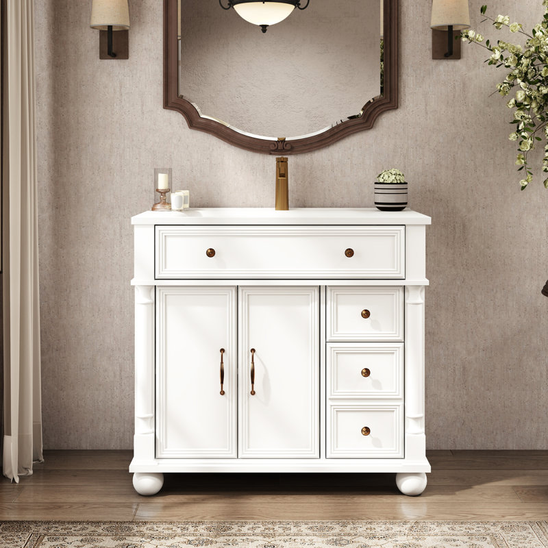 Meuble-lavabo autoportant de style Mid-Century, 90,4 cm (35,6 po), blanc, imperméable et design, tiroirs de rangement, lavabo profond, base à colonnes romaines, bois massif, poignées en métal, résistant à l'usure.