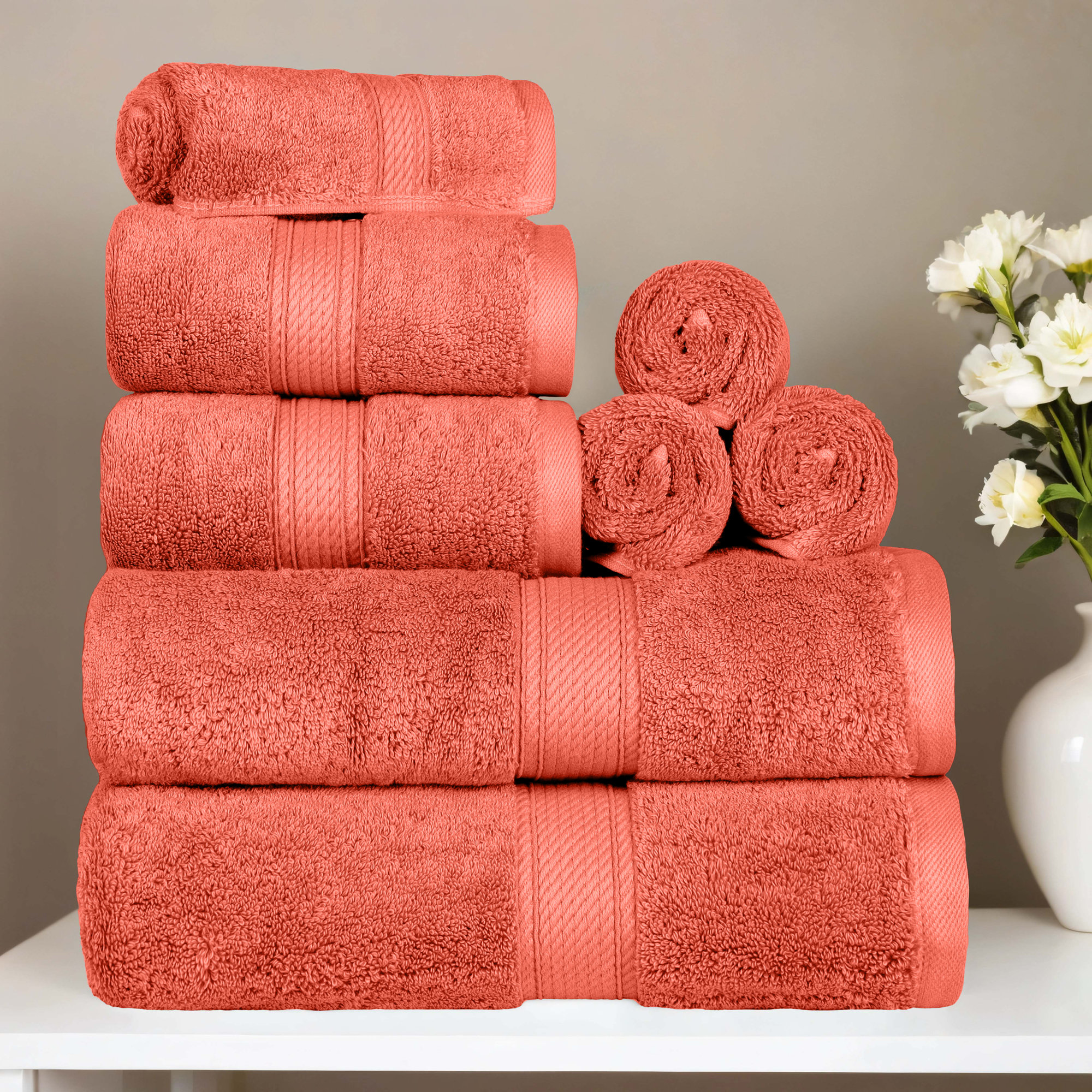 Renata 8 Piece 800 GSM Certified Egyptian Cotton Towel Set , Coral