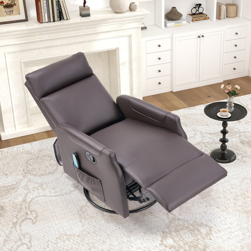 24.8" Wide Modern Manual Swivel Rocking Small Recliner Chair With 8-Point Massage Heating & Side Storage Pocket, Brown