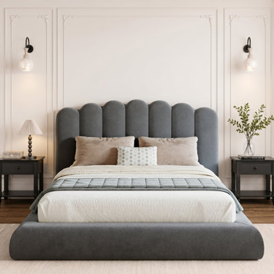 Upholstered Platform Bed with Wave Headboard