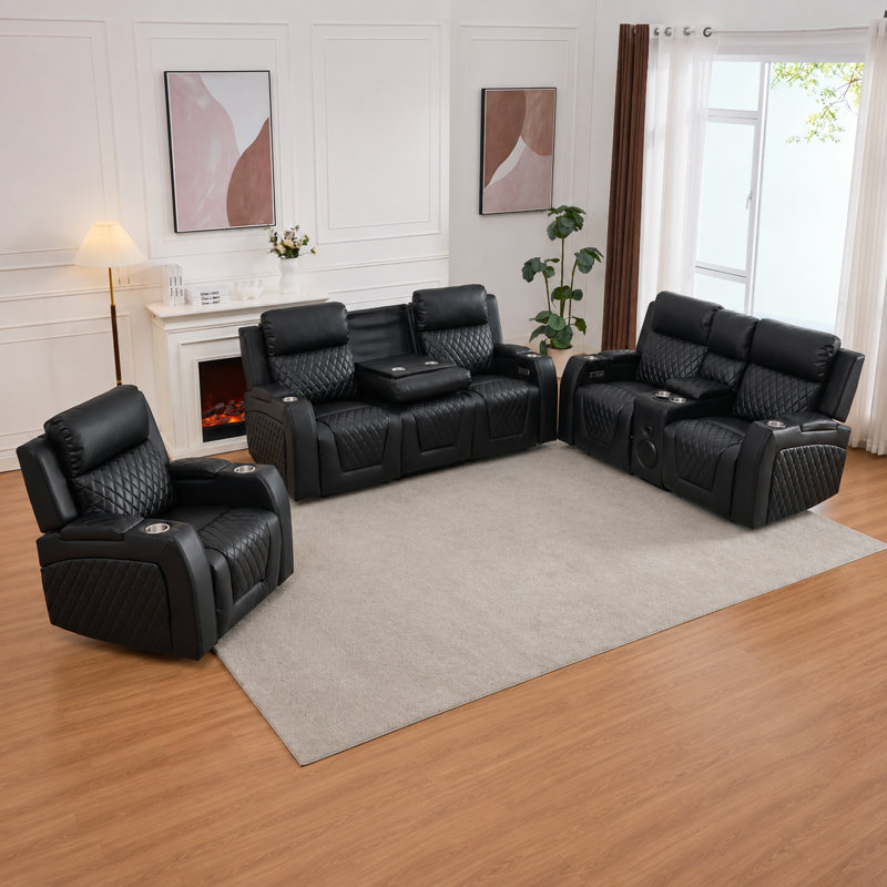 Ensemble de salon inclinable 3 pièces Gainey, Noir