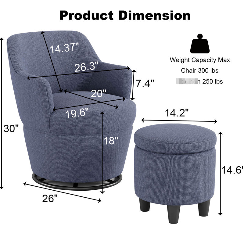 Chaise pivotante bleue à 360 ° avec rembourrage en mousse, conception confortable pour les petits espaces