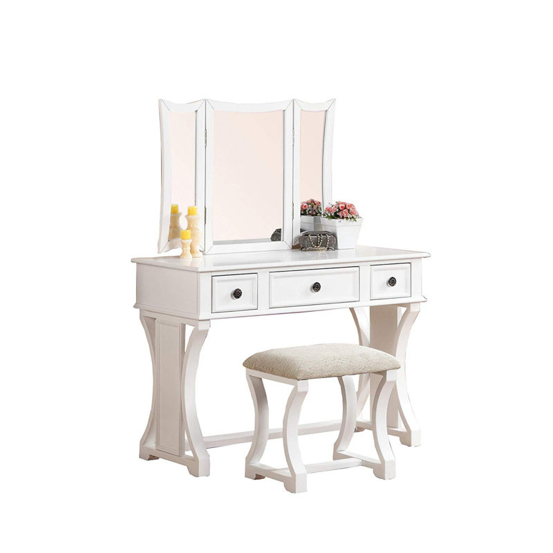 Ensemble coiffeuse avec tabouret et miroir Potterville, Blanc