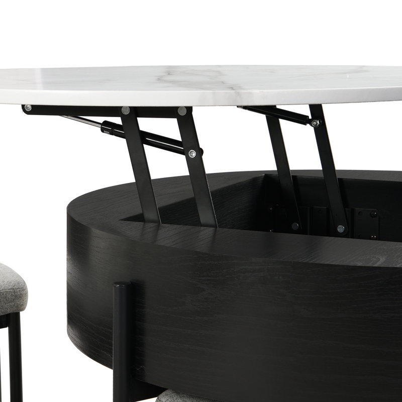 Table basse à plateau relevable moderne avec rangement et 3 repose-pieds, Noir; gris clair; blanc