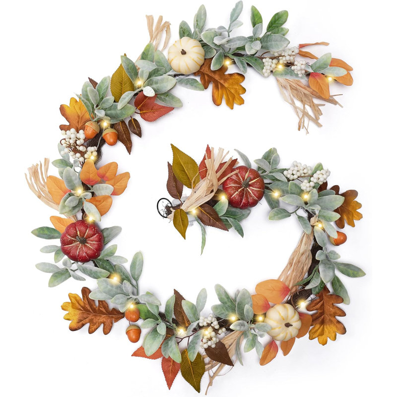  Guirlande d'automne pour manteau de cheminée, guirlande de feuilles d'agneau de 6 pi avec lumières, citrouilles brunes, centre de table de l'Action de grâce, décorations d'automne d'automne pour le foyer extérieur, décoration d'Halloween