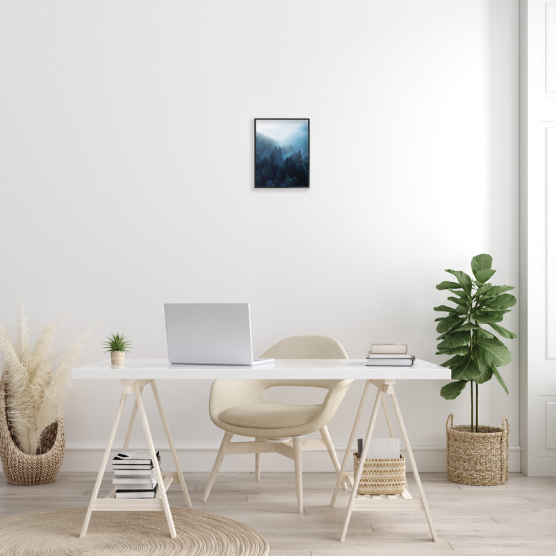 Daylight Over Pine Forest Framed Canvas Print in Black Frame