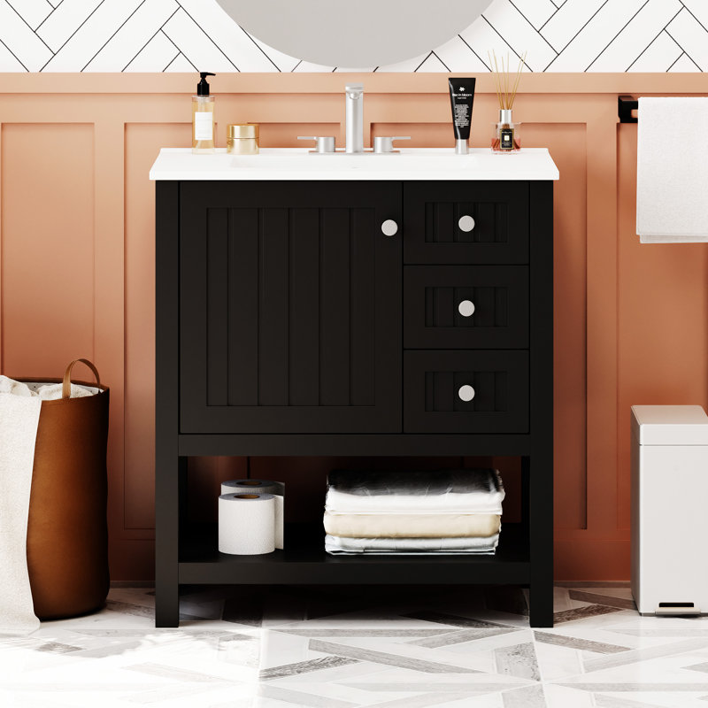 Armoire de meuble-lavabo de style transitionnel avec lavabo et tiroir en céramique, Argent, Noir