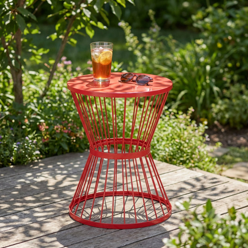 Hourglass-Shaped Stainless Steel Outdoor Side Table with Circular Top and Open Cage Design