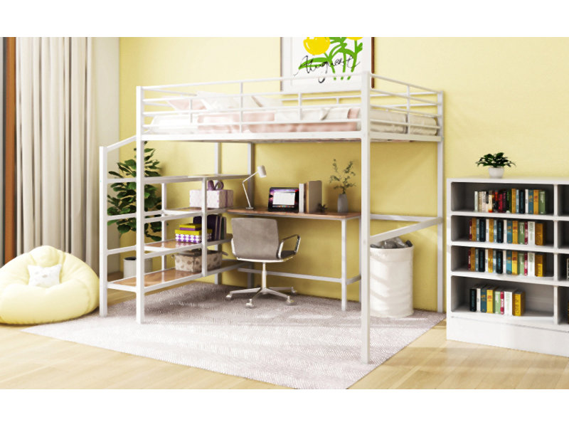 Lit mezzanine double en métal avec bureau et échelle de rangement latérale