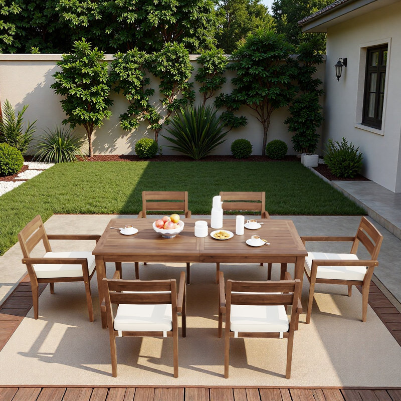 Ensemble repas 7 pièces pour l'extérieur, 1 grande table et 6 chaises empilables avec coussins et élément imperméable