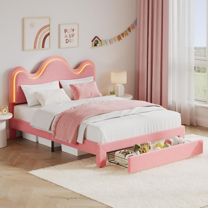 LED Bed Frame with Adjustable Wavy Headboard & Storage Drawer, Upholstered Platform Bed No Box Spring, Queen, Pink