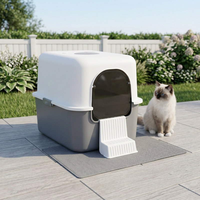 Litière à urine pour chat avec pédale, entièrement étanche pour les petits chats de moins de 8 lb, bord haut et sans odeur, facile à transporter et à nettoyer, gris avec poignée, taille S