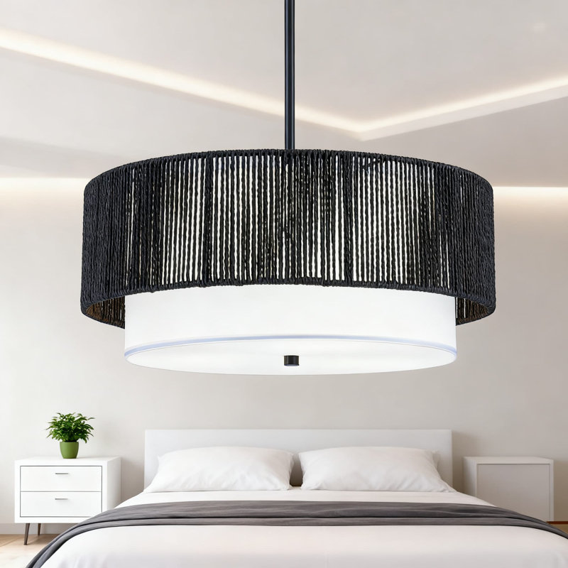Luminaire suspendu de style lustre en rotin à 3 lumières avec abat-jour tambour de style campagnard pour la salle à manger, la cuisine et le couloir