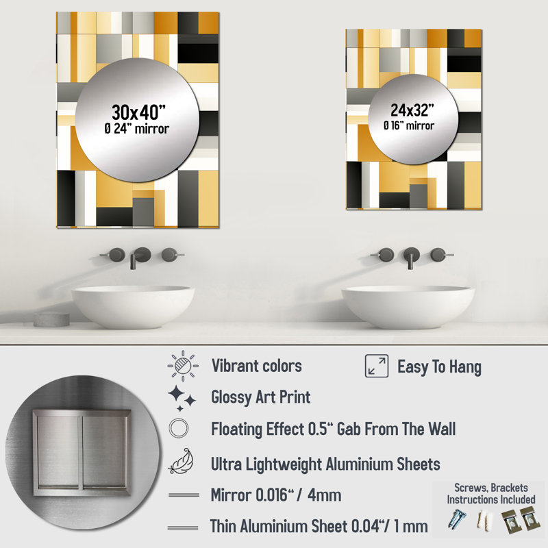 Pentworth Taupe Geometric Blocks Harmony - Geometric  Wall Mirror, Geometric Decorative Mirror, Printed Metal Art, 40" x 30"