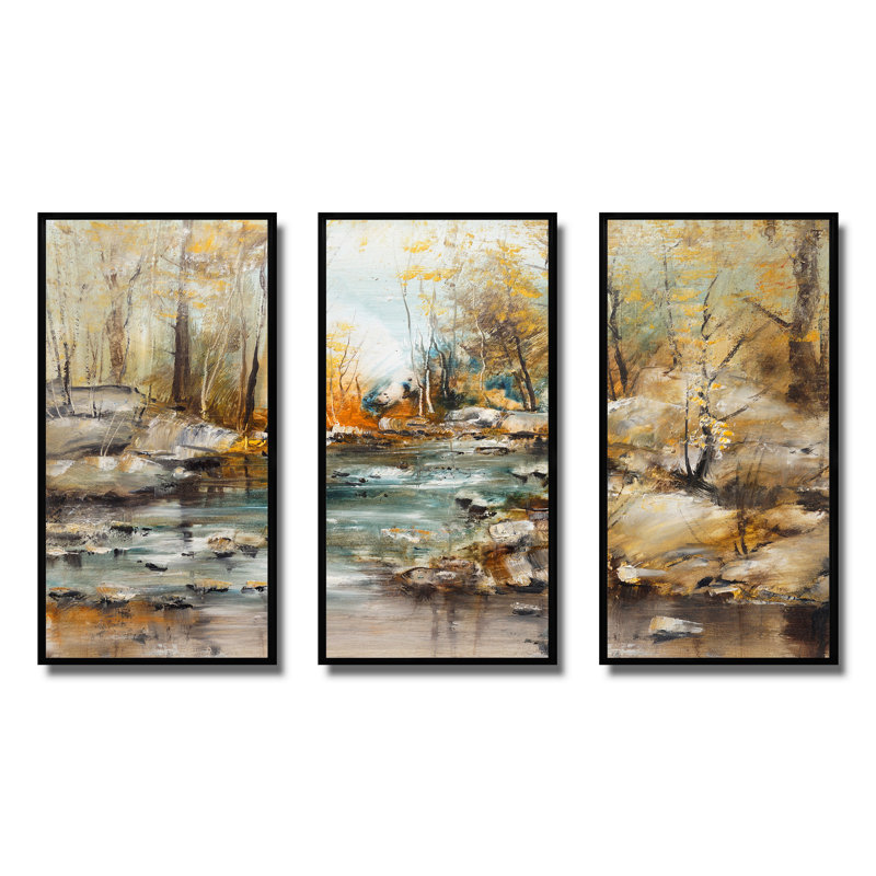 Forest Brook Stones - Ensemble de 3 toiles encadrées, Noir, H 28 po x l 36 po x P 1 po