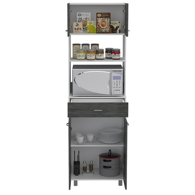 Pembrooke 2-Shelf 1-Drawer Microwave Pantry Cabinet Smokey Oak And White, Grey