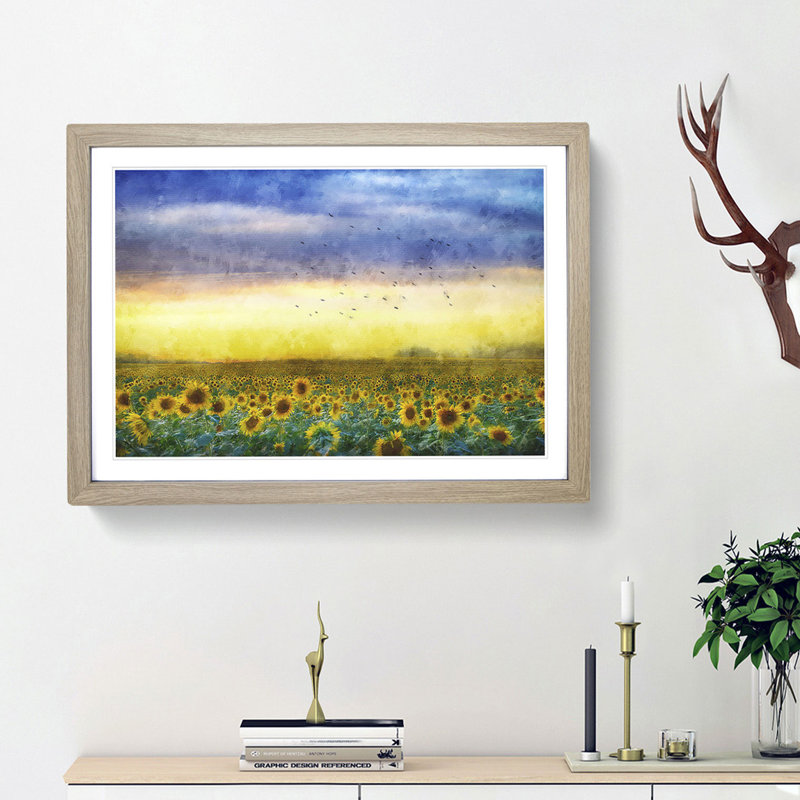 Flock of Birds Above Sunflowers - Picture Frame Graphic Art Print, 24cm H x 33cm W x 2cm D, Oak Framed