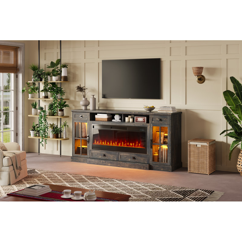 Keating 70" Farmhouse TV Stand 42" Electric Fireplace, LED Lights, Storage Drawers ,& Cabinets,Brown, Brown