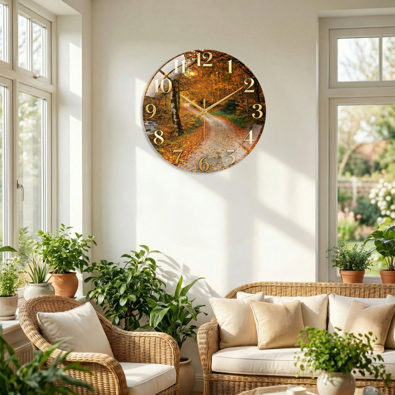 "Autumn Path", horloge murale en verre, 40 x 40 cm (15,7 x 15,7 pouces)