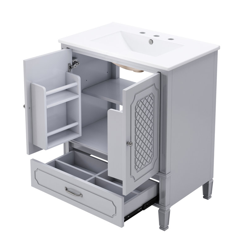 Meuble-lavabo de 30 po avec lavabo en céramique, charme rétro gris, porte silencieuse, armoire et tiroir à options de rangement abondantes, meuble-lavabo Allure Grace, grande tablette de porte réglable