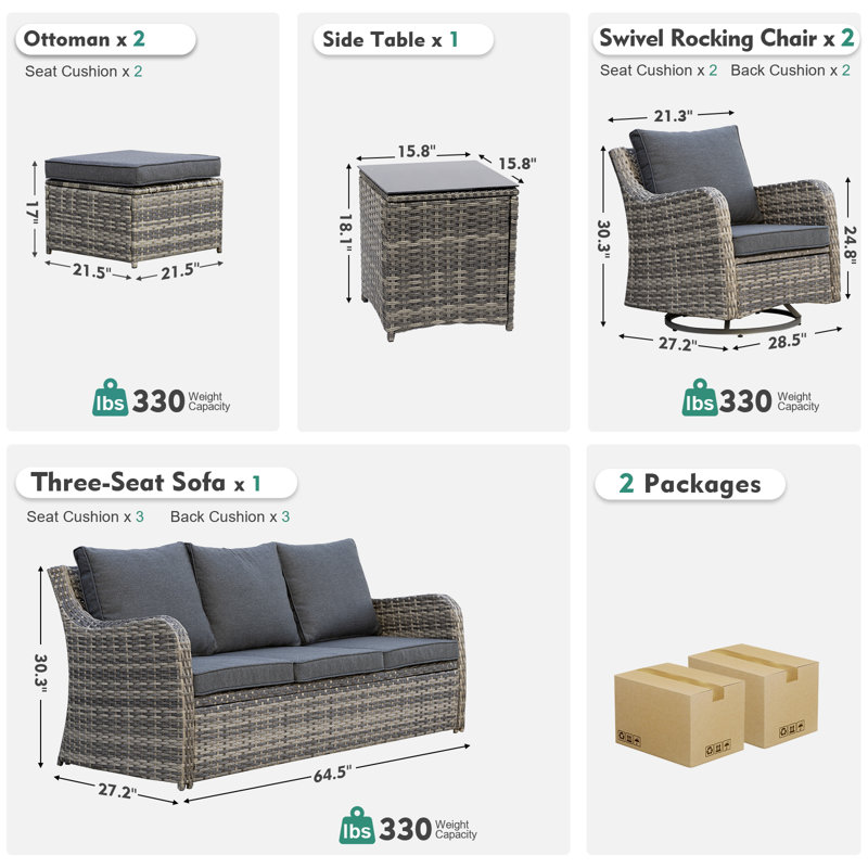  Patio Furniture Set With Swivel Rocking Chairs, 6 Pieces Patio Conversation Set, Outdoor Wicker Sofa Couch With Waterproof Cushions For Lawn Backyard Porch (Grey)
