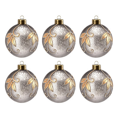 Ornement en forme de boule de Noël en verre argenté vieilli 3,9 pouces avec feuille ondulée dorée et contour en strass pour fête saisonnière intérieure, ensemble de 6