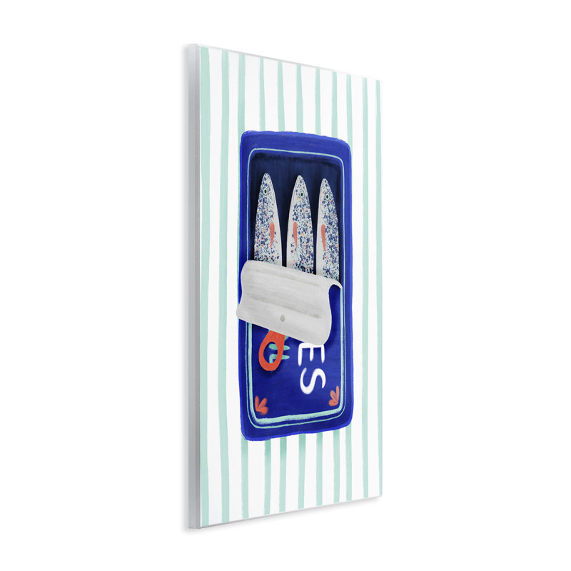 Plaque murale sardines bleues sur rayures, par Metka Hiti, H 19 po x l 13 po