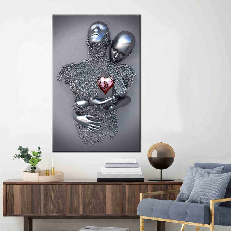 Romantic 3D Couple Canvas Artwork for Valentine's Day Gift - Abstract Couple Wall Art Poster, 35cm H x 25cm W, Wrapped Canvas