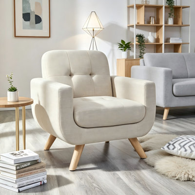 Fauteuil de lecture confortable, fauteuil rembourré à haut dossier avec pieds en bois massif - Canapé simple en tissu de lin pour le salon