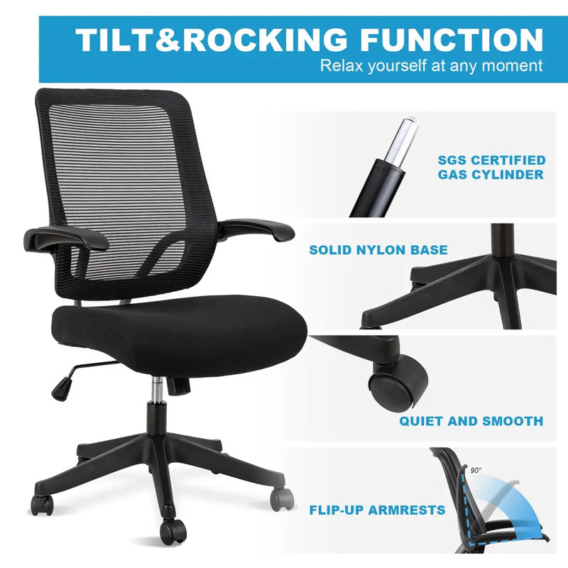 Chaise de bureau ergonomique à dossier moyen avec accoudoirs rabattables à 3 voies et roulettes silencieuses à 360 ° - Chaise de bureau d'ordinateur en filet respirant, support lombaire réglable, conception pliable peu encombrante - Multifonctionnel 