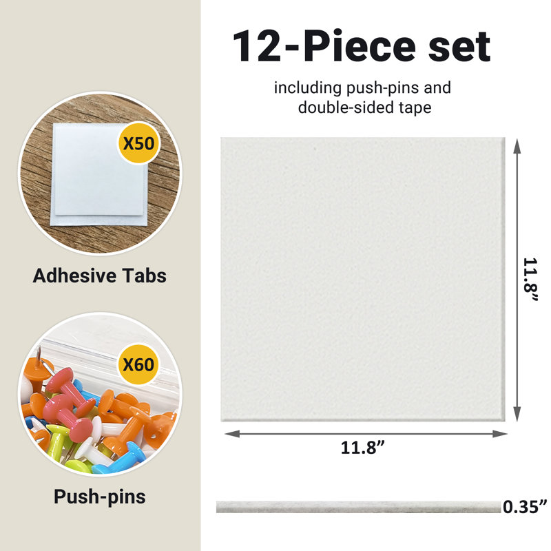 Panneaux muraux en feutre texturé, babillards réutilisables, ensemble de 12 pièces, avec punaises, Blanc